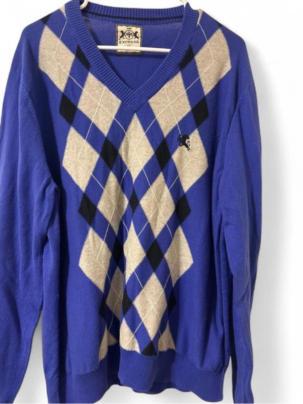 Express Royal Blue Argyle V-Neck Sweater with Cream and Black Diamonds